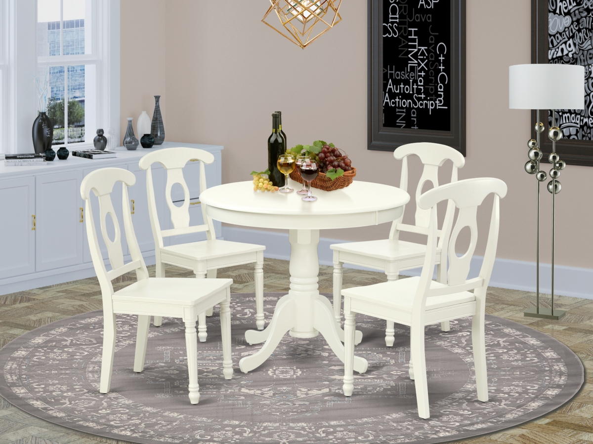 36 in. Antique Round Table & 4 Panel Back Chairs - Linen White, 5 Piece