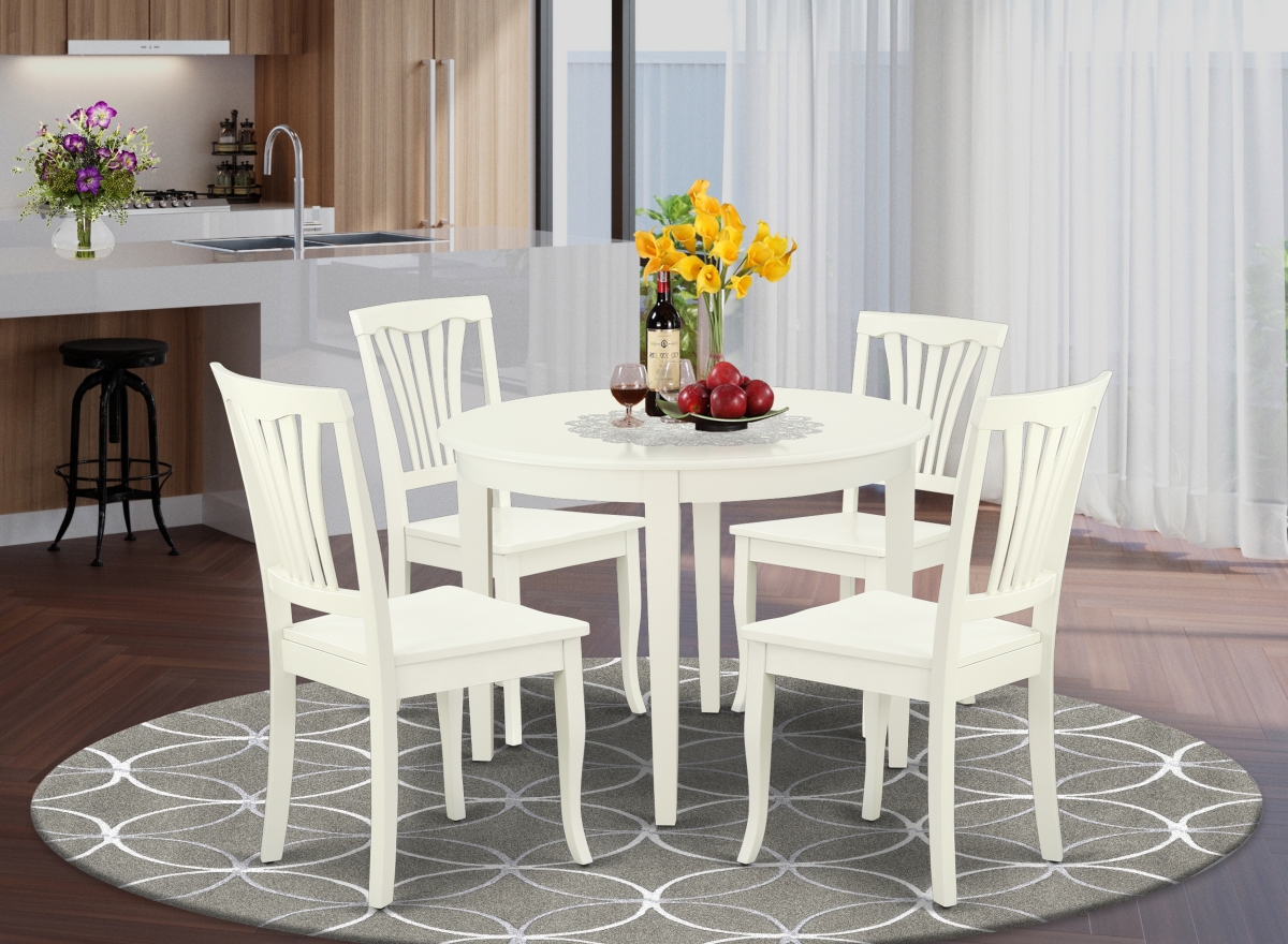 42 in. Boston Round Table & 4 Vertical Slatted Chairs - Linen White, 5 Piece
