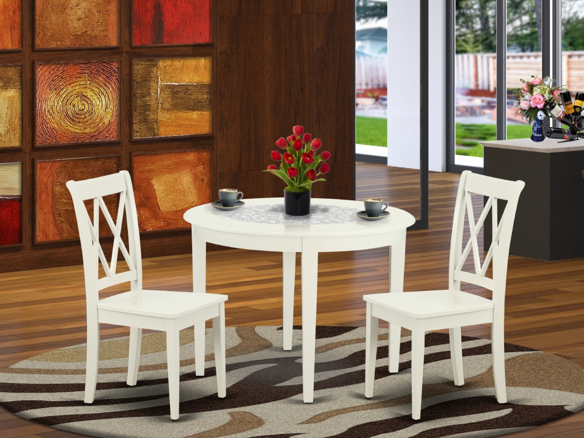 42 in. Boston Round Table & 2 Double X Back Chairs - Linen White, 3 Piece