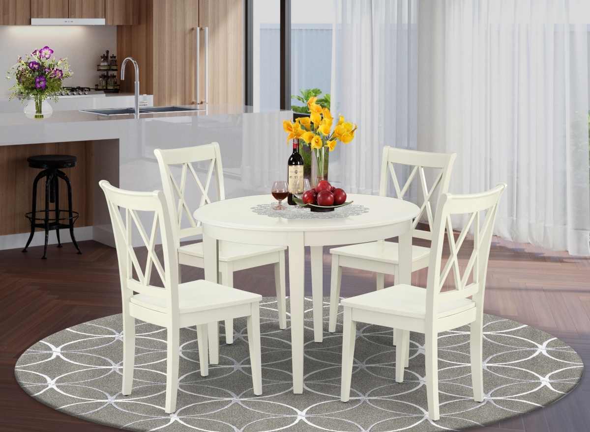 42 in. Boston Round Table & 4 Double X Back Chairs - Linen White, 5 Piece