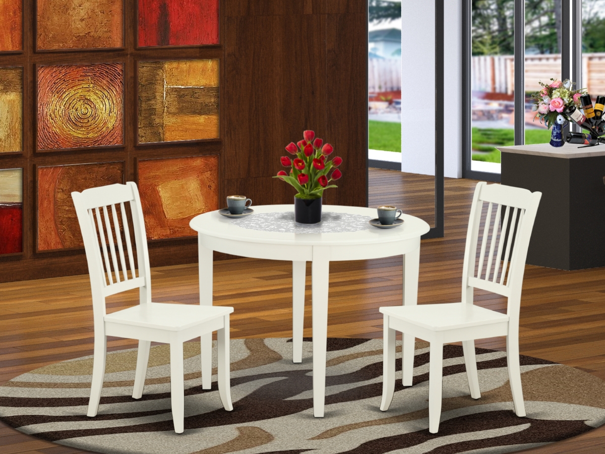 42 in. Boston Round Table & 2 Vertical Slatted Chairs - Linen White, 3 Piece