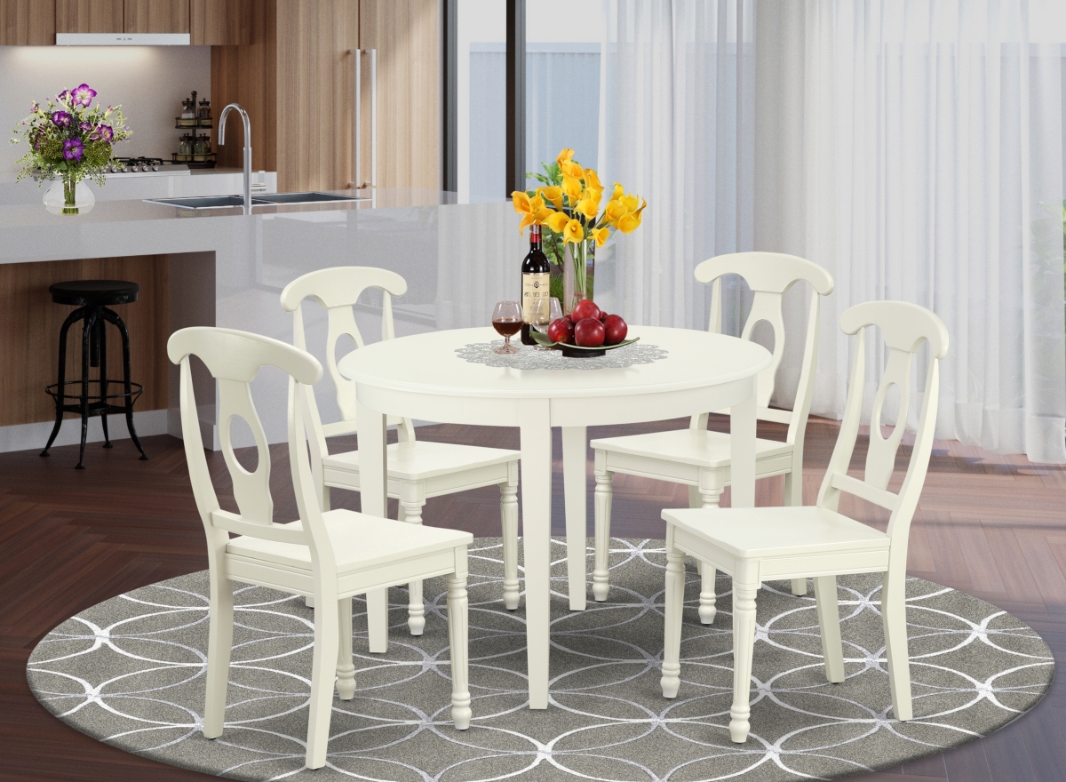 42 in. Boston Round Table & 4 Panel Back Chairs - Linen White, 5 Piece