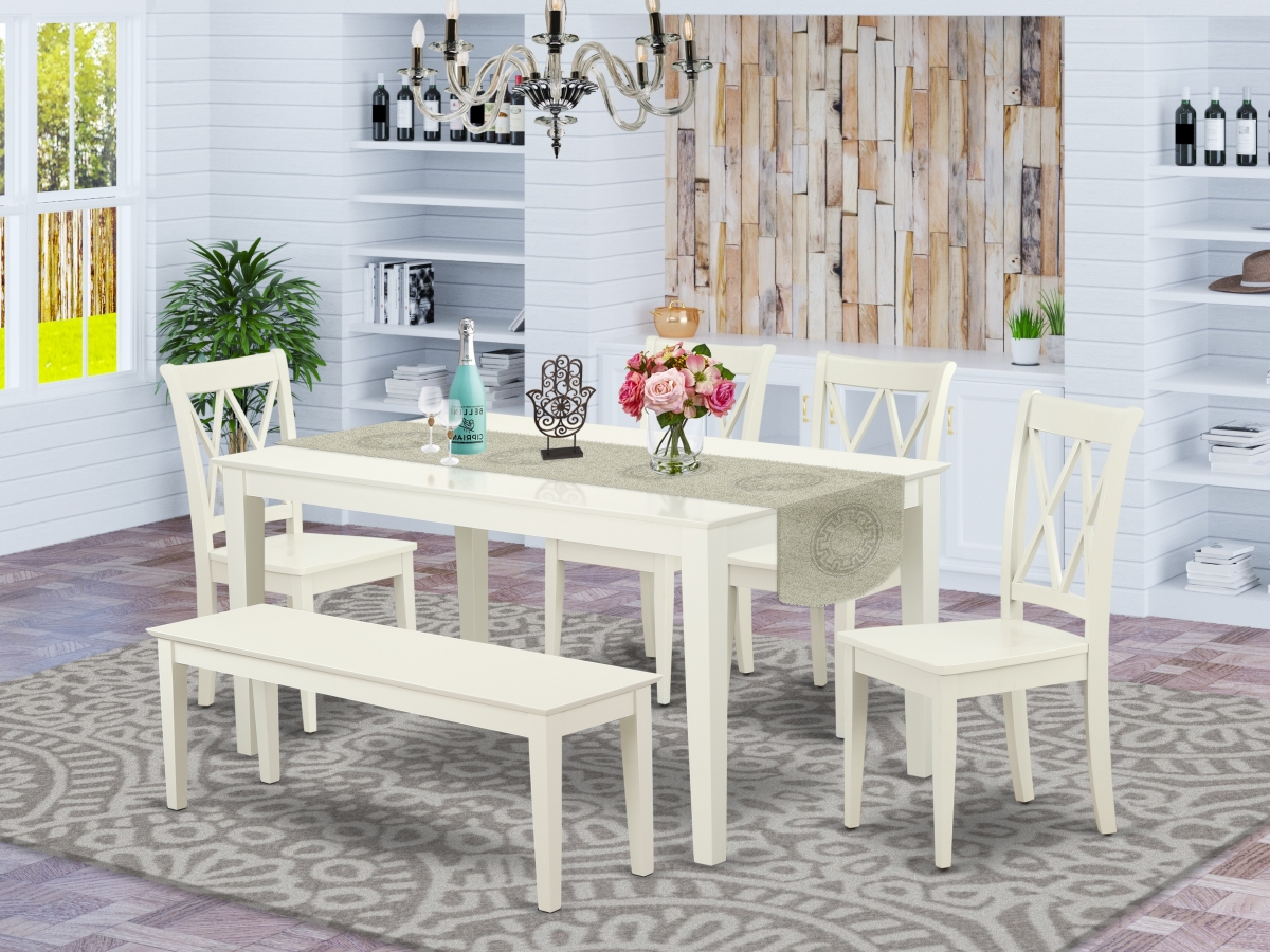 60 in. Capri Rectangular Table & 4 Double X Back Chairs Plus 1 Bench - Linen White, 6 Piece