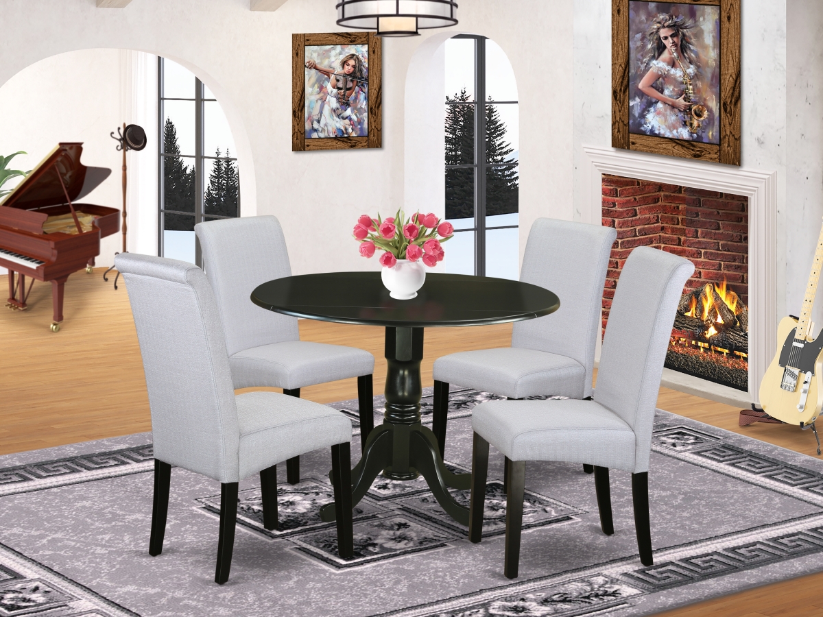 5 Piece Dublin Small Round Table with Linen Grayish Blue Fabric Kitchen Chairs with Black Chair Legs