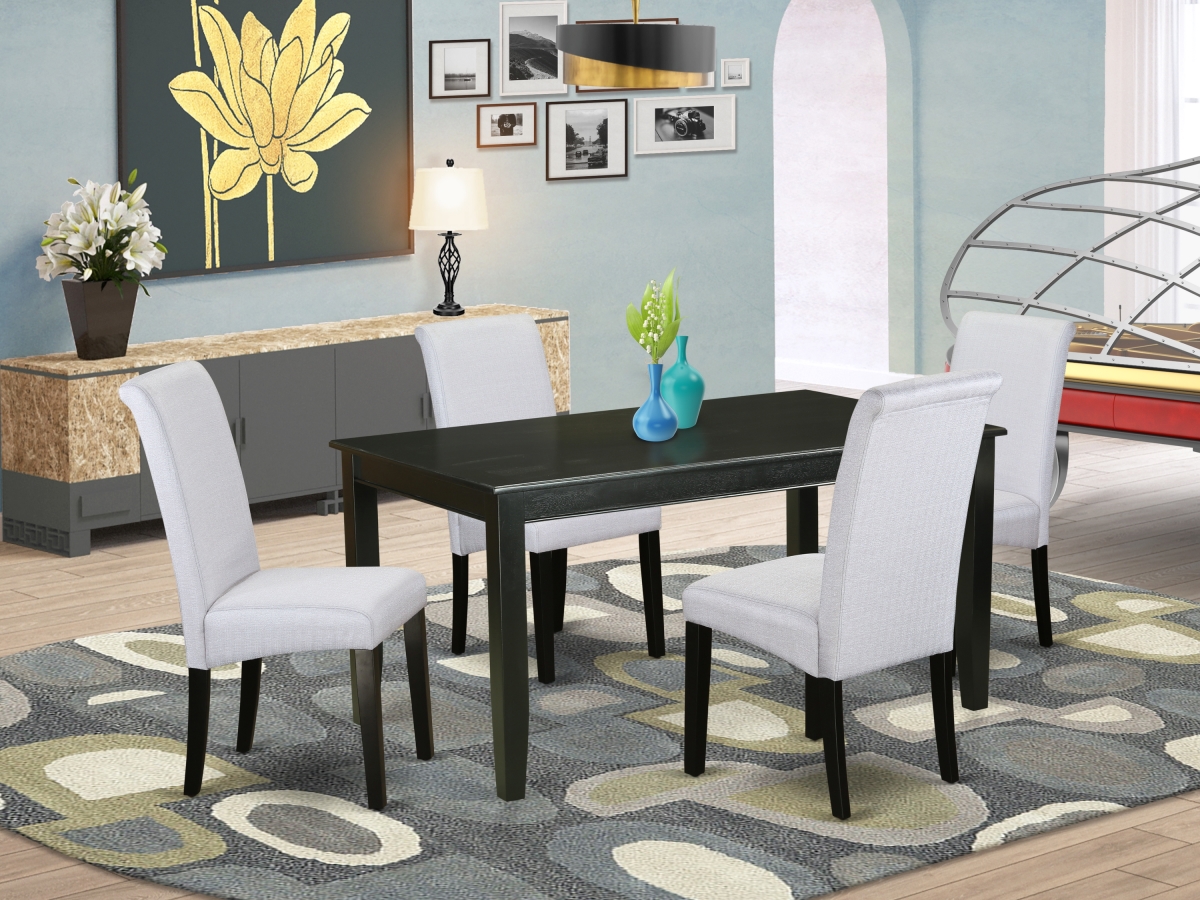 5 Piece Dudley Kitchen Table with Linen Grayish Blue Fabric Parson Chairs with Black Chair Legs