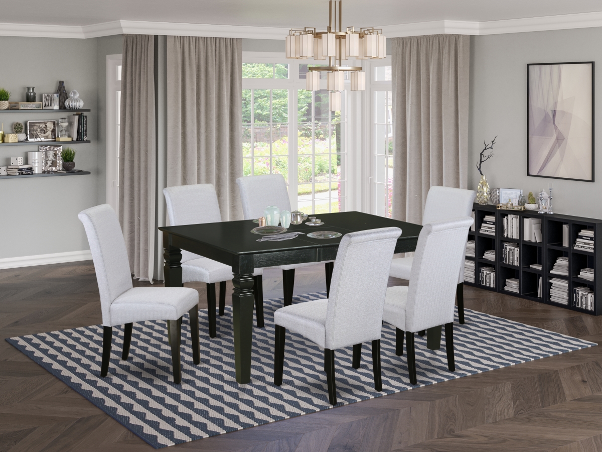 7 Piece Weston Dining Table with Linen Grayish Blue Fabric Parson Chairs & Black Chair Legs