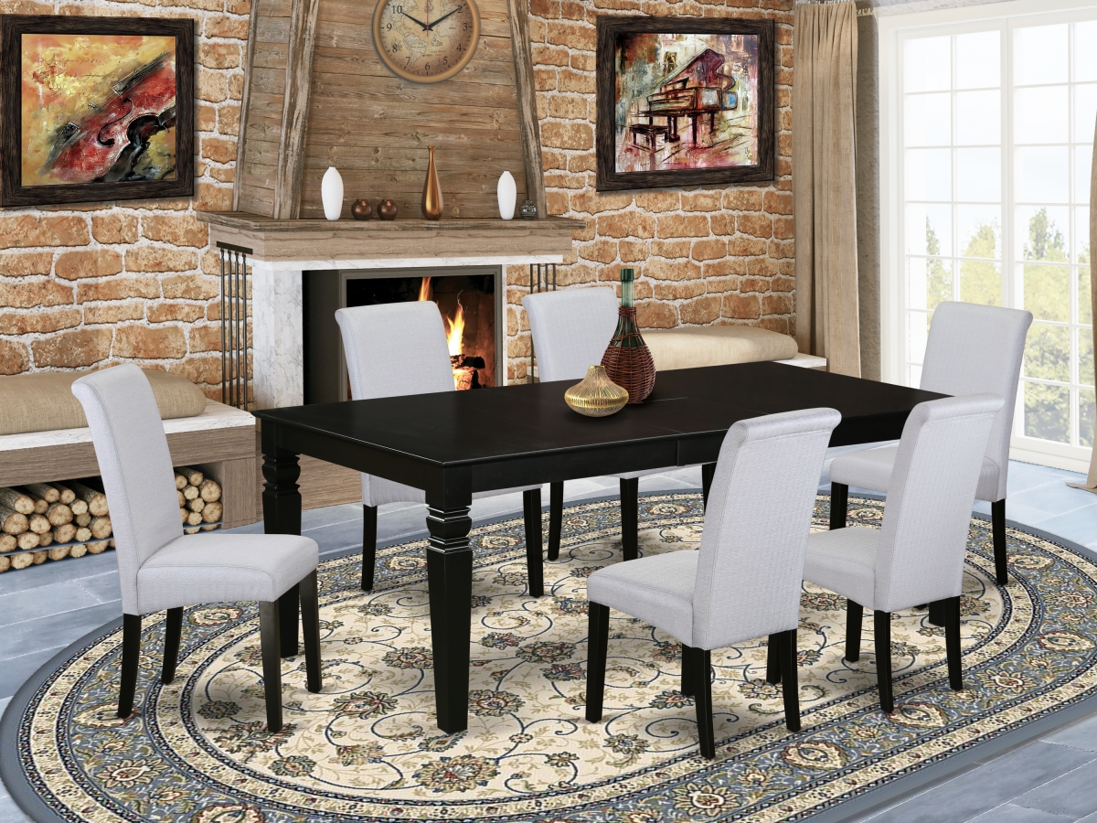 7 Piece Logan Dining Table with Linen Grayish Blue Fabric Dining Chairs & Black Chair Legs
