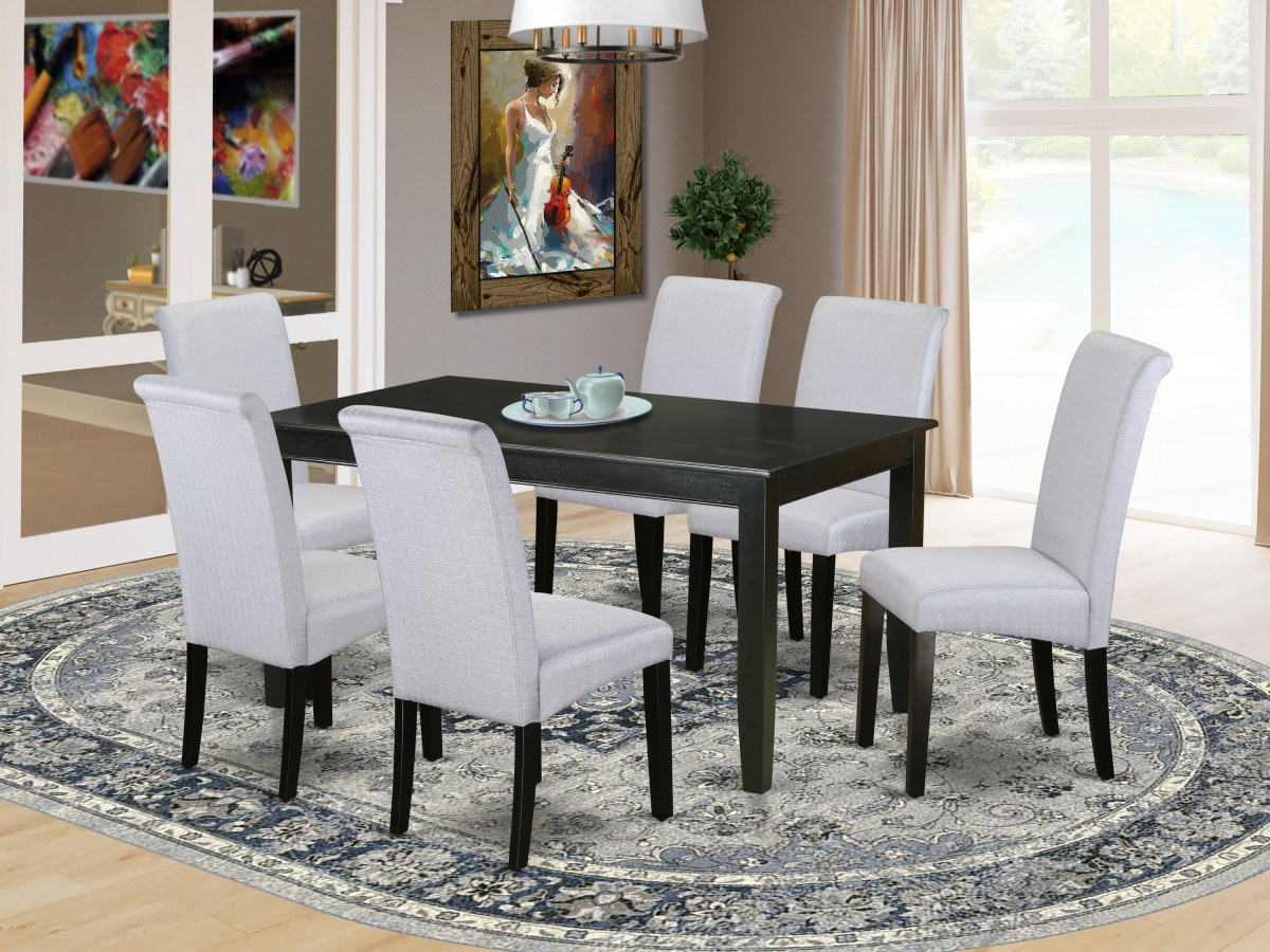 7 Piece Dudley Dining Table with Linen Grayish Blue Fabric Parson Chairs & Black Chair Legs