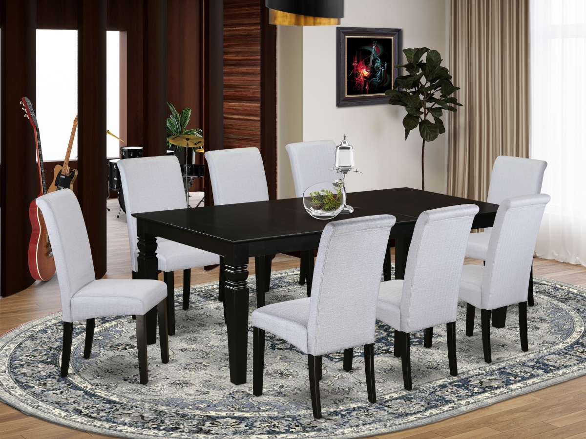 9 Piece Logan Dining Table with Linen Grayish Blue Fabric Kitchen Chairs & Black Chair Legs