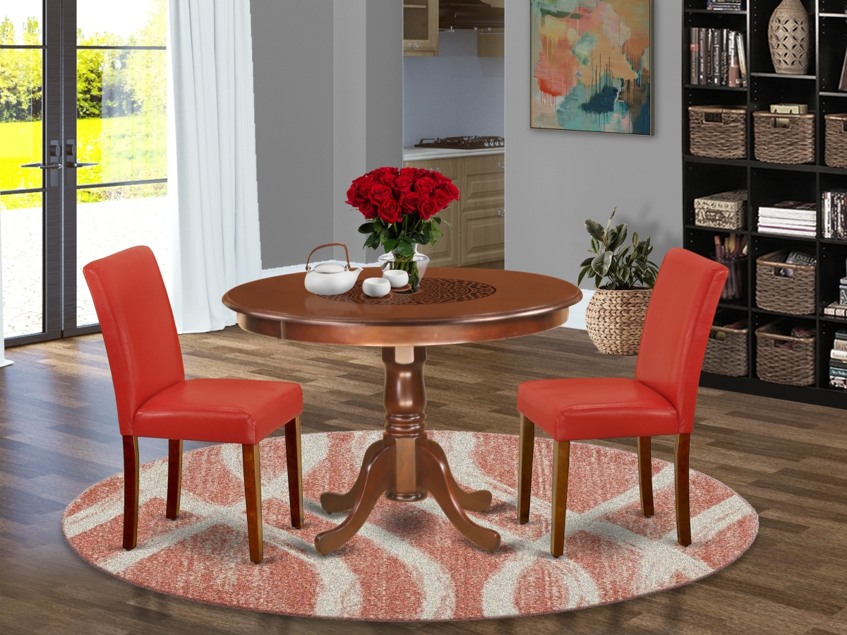 HLAB3-MAH-72 42 in. Hartland Round Kitchen Table & 2 Parson Chair with Mahogany Leg & Pu Leather - Firebrick Red, 3 Piece