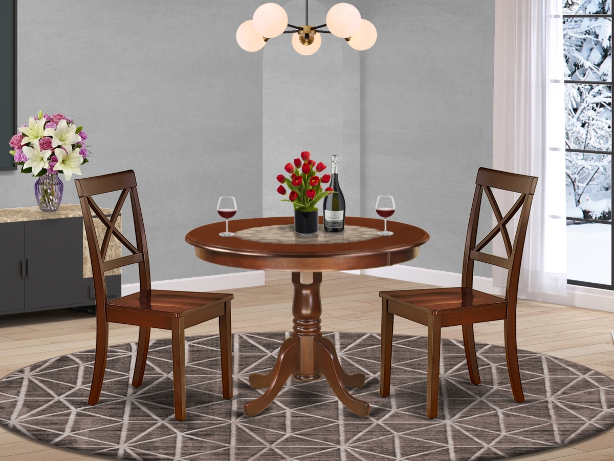 42 in. Hartland Round Kitchen Table & Wood Seat Chairs - Mahogany, 3 Piece