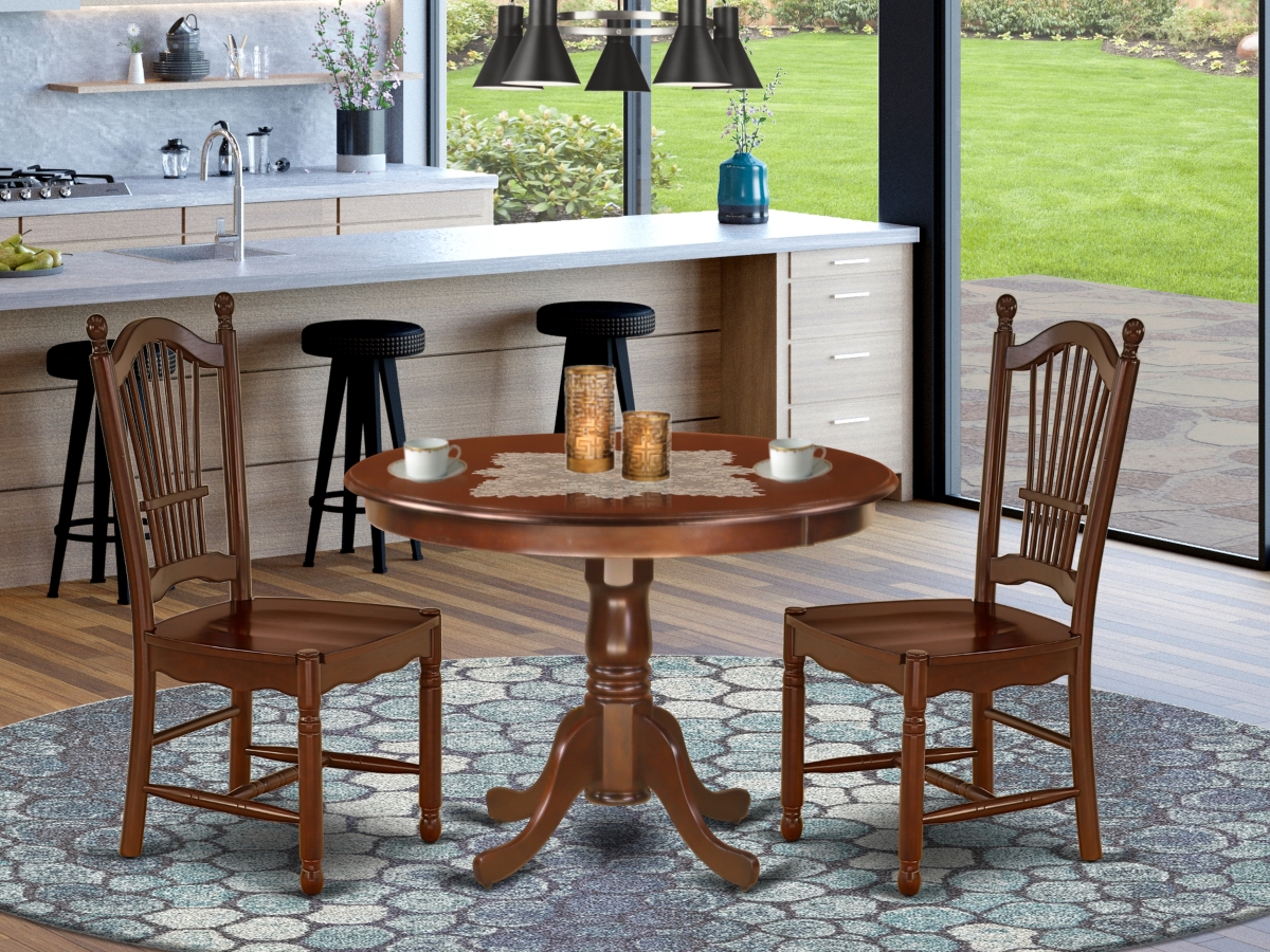 42 in. Hartland Round Dining Table & 2 Wood Seat Dining Chairs - Mahogany, 3 Piece