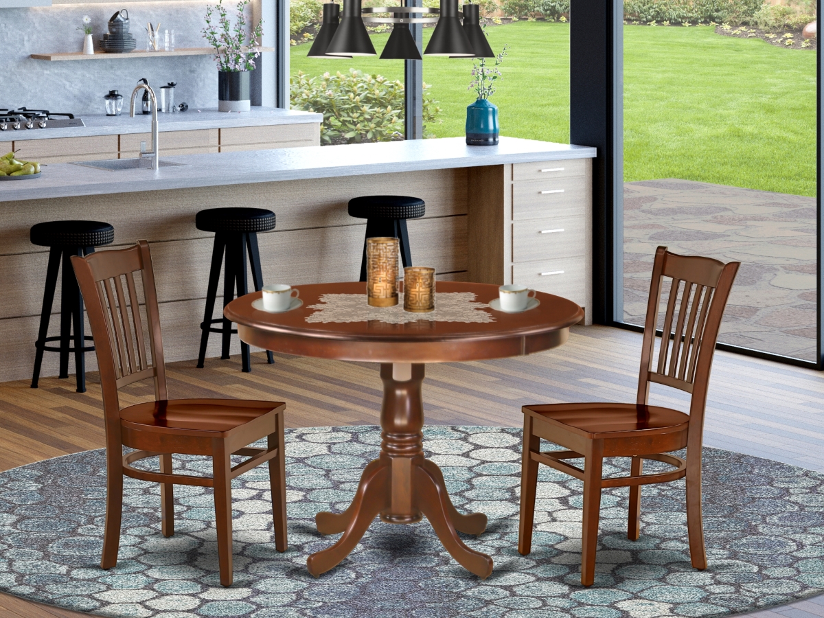 42 in. Hartland Round Kitchen Table & Wood Seat Dining Chairs - Mahogany, 3 Piece