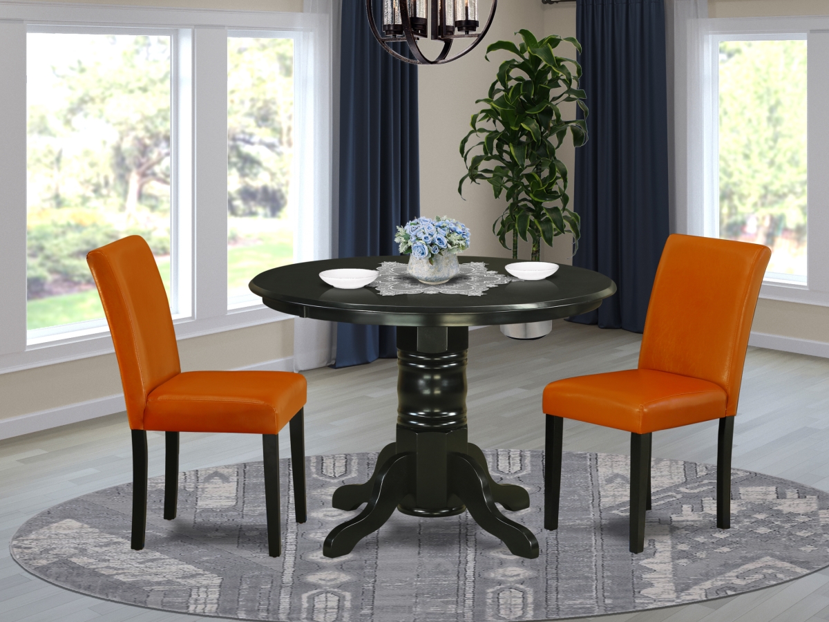 42 in. Shelton Round Dining Room Table & Two Parson Chair with Black Leg & Pu Leather - Baked Bean, 3 Piece