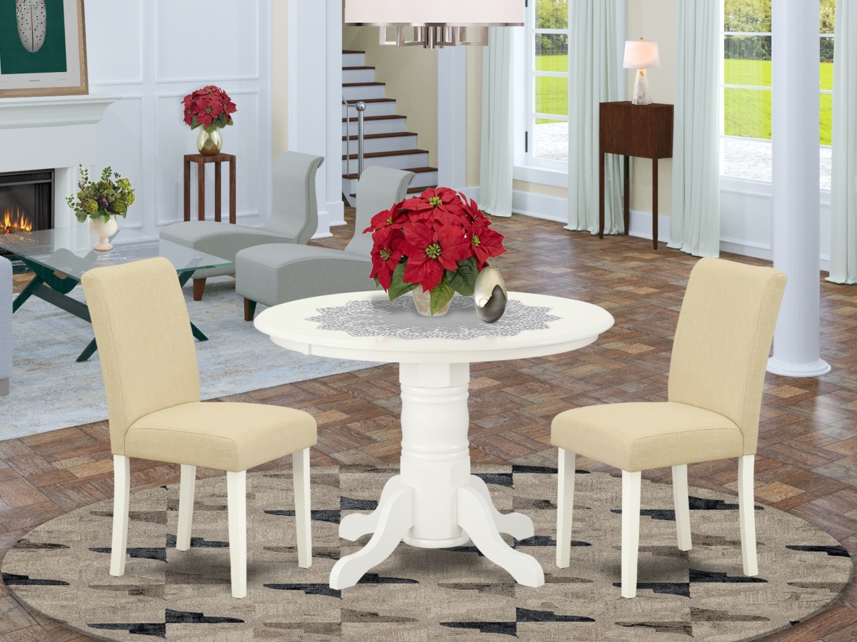 SHAB3-LWH-02 42 in. Shelton Round Dining Room Table & Parson Chair with Linen White Leg & Linen Fabric - Light Beige, 3 Piece