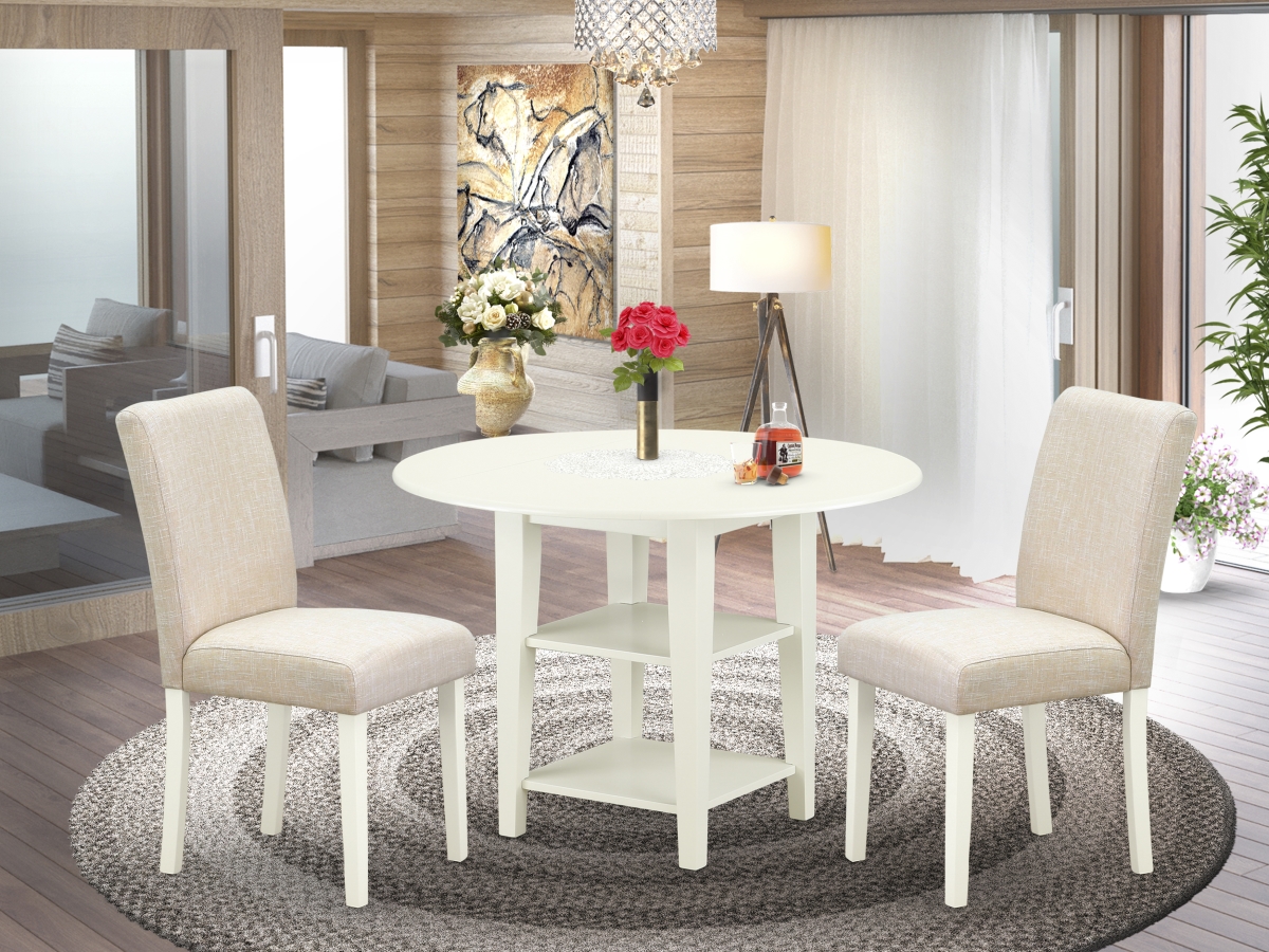 20-42 in. Shelton Round Table with Two 11 in. Drop Leaves & 2 Parson Chair with Linen White Leg & Linen Fabric - Light Beige, 3 Piece