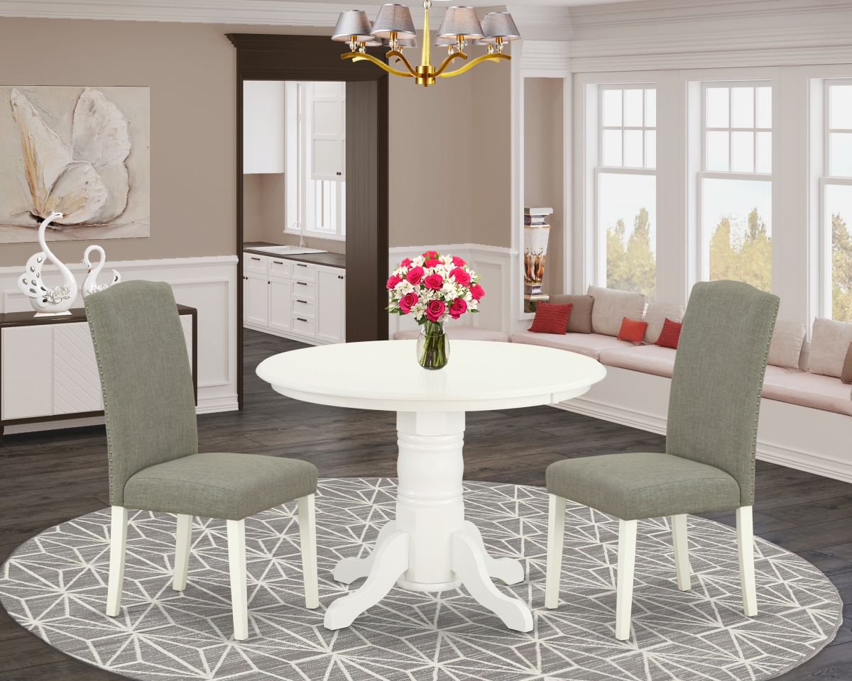 42 in. Shelton Round Dinette Table & Parson Chair with Linen White Leg & Linen Fabric - Dark Shitake, 3 Piece