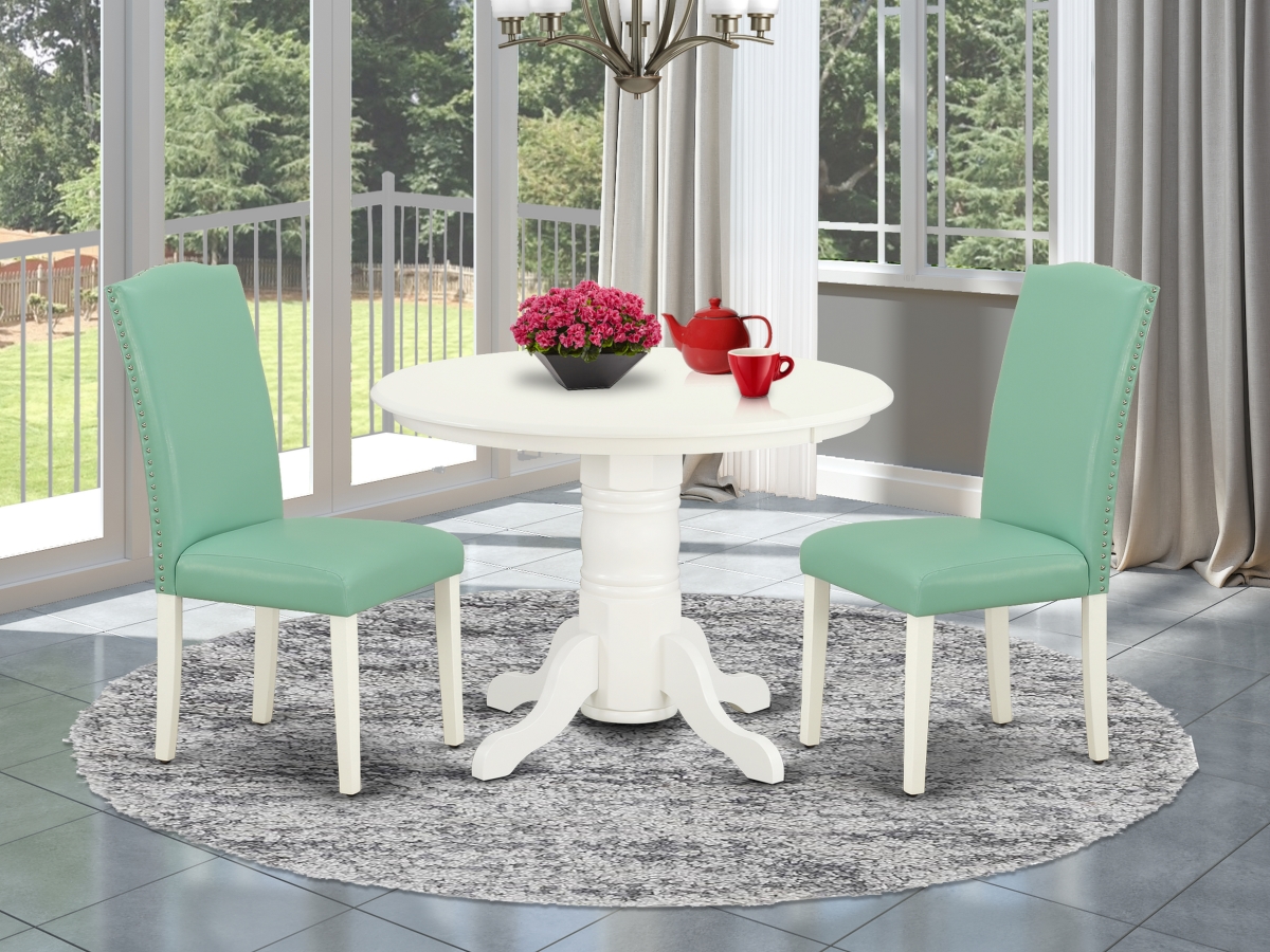 42 in. Shelton Round Dinette Table & Parson Chair with Linen White Leg & Pu Leather - Pond, 3 Piece