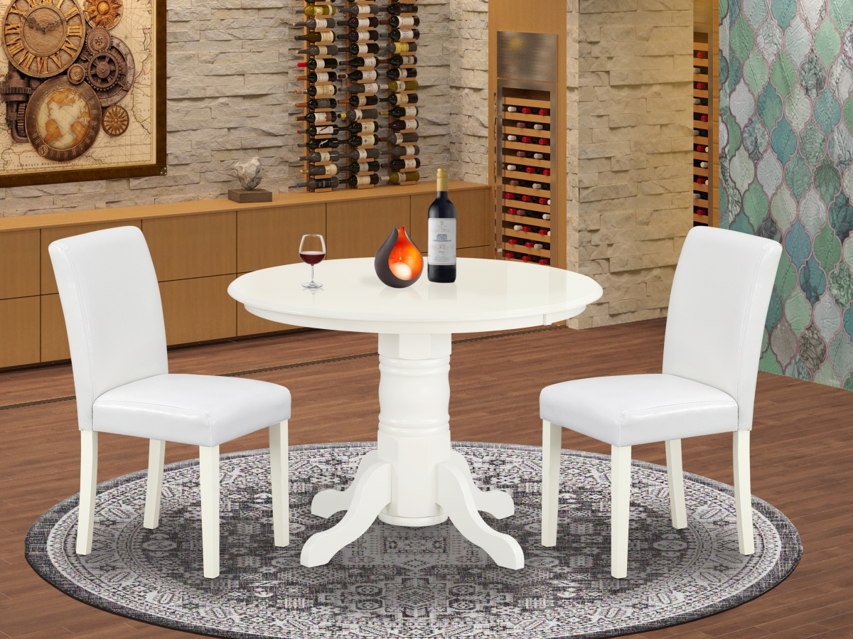 42 in. Shelton Round Dining Room Table & Parson Chair with Linen White Leg & Pu Leather - White, 3 Piece