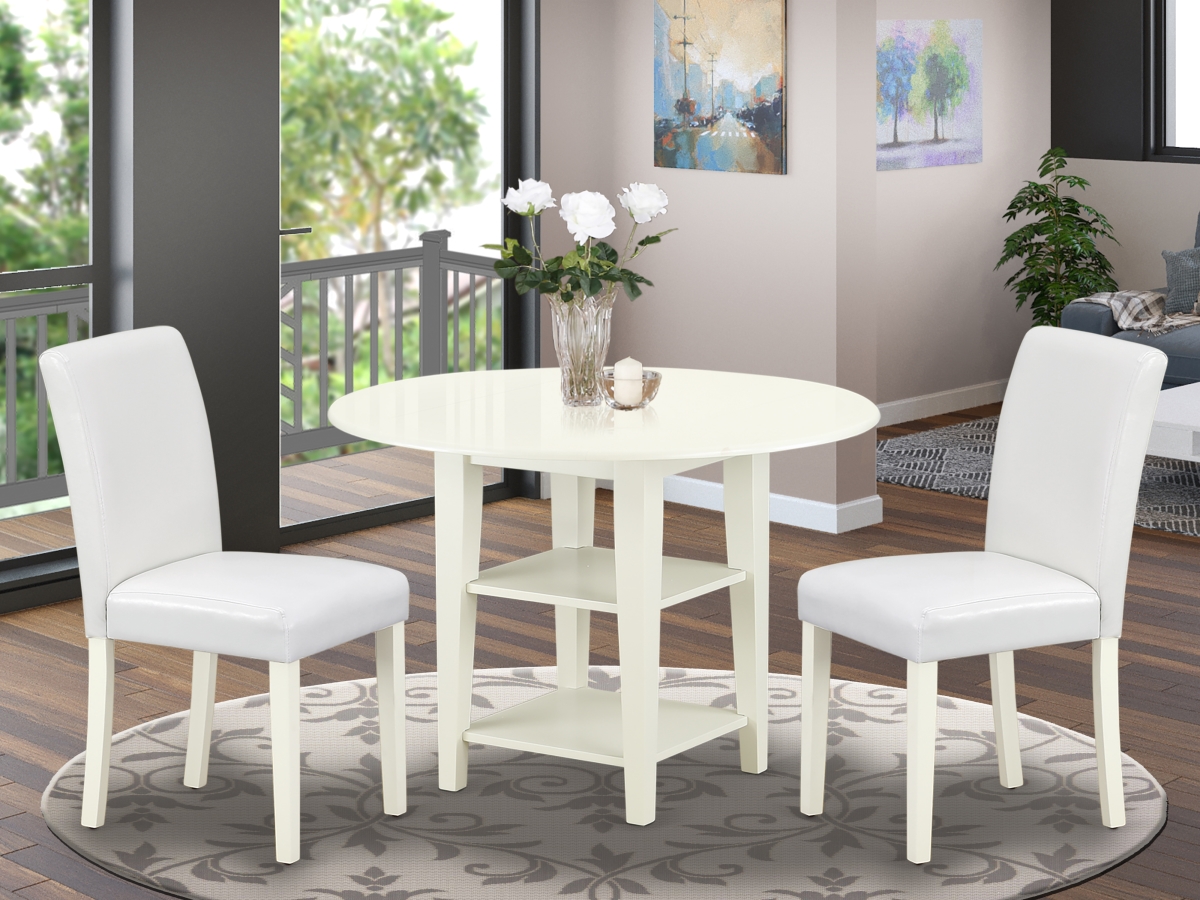 20-42 in. Shelton Round Table with Two 11 in. Drop Leaves & 2 Parson Chair with Linen White Leg & Pu Leather - White, 3 Piece