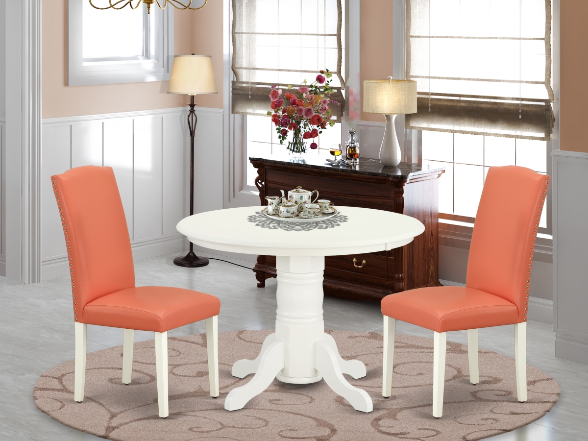 42 in. Shelton Round Dinette Table & Parson Chair with Linen White Leg & Pu Leather - Pink Flamingo, 3 Piece