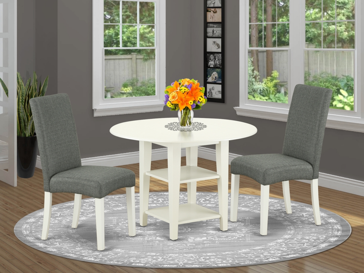 20-42 in. Sudbury Round Table with Two 11 in. Drop Leaves & 2 Parson Chair with Linen White Leg & Linen Fabric - Gray, 3 Piece