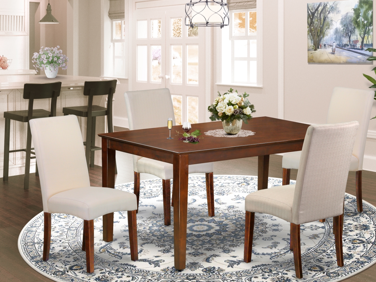 CADR5-MAH-01 60 in. Capri Rectangle Dining Room Table & 4 Parson Chair with Mahogany Leg & Linen Fabric - Cream, 5 Piece