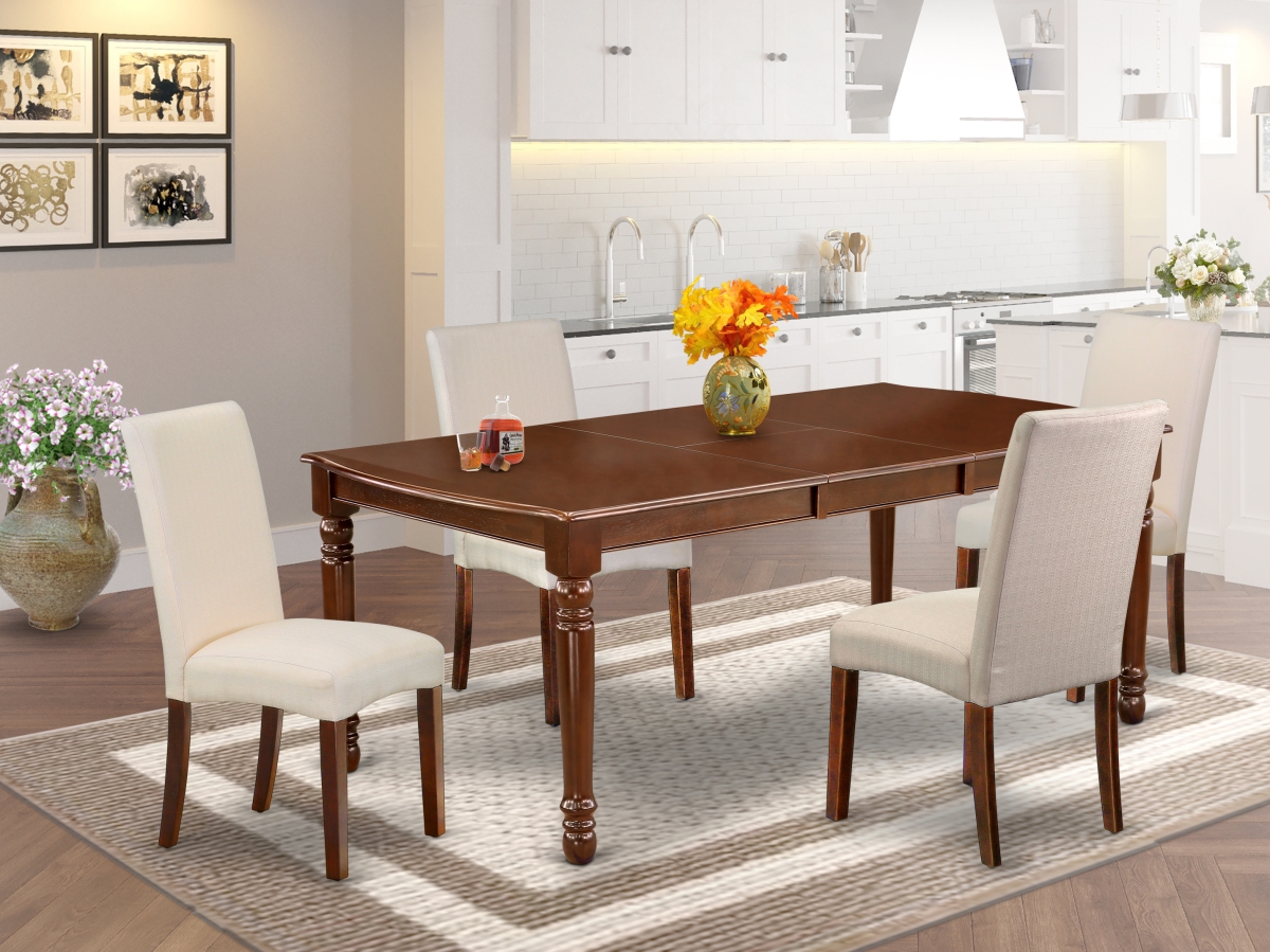 DODR5-MAH-01 60-78 in. Dover Rectangular Table with 18 in. Leaf & Four Parson Chair with Mahogany Leg & Linen Fabric - Cream, 5 Piece