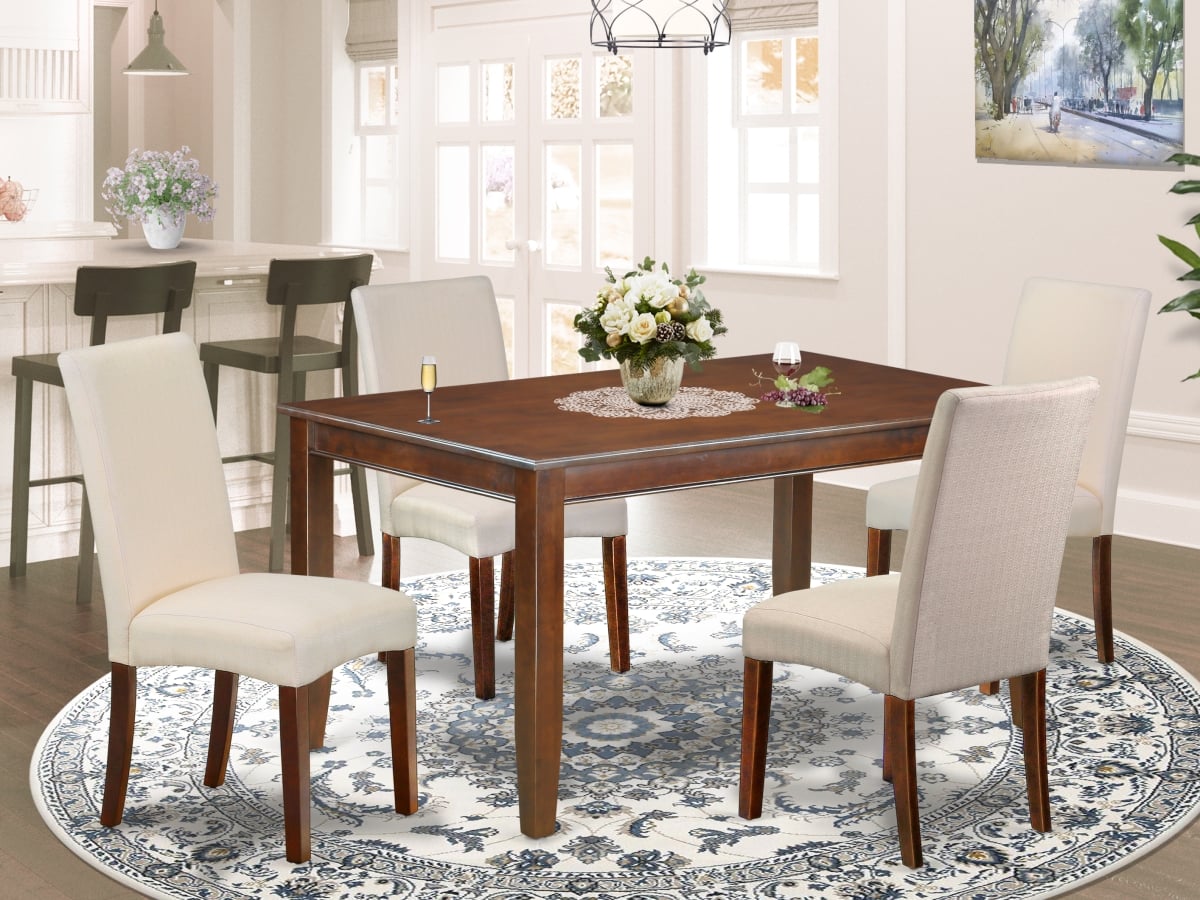 60 in. Dudley Rectangle Dining Table & Four Parson Chair with Mahogany Leg & Linen Fabric - Cream, 5 Piece