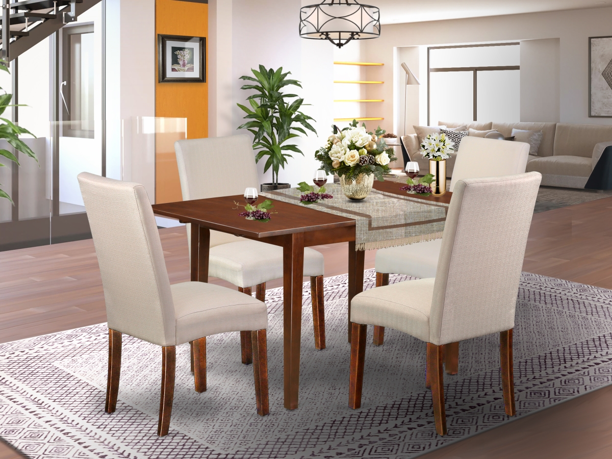 42 & 53.5 in. Norfolk Rectangle Dinette Table with 12 in. Leaf & Four Parson Chair with Mahogany Leg & Linen Fabric - Cream, 5 Piece