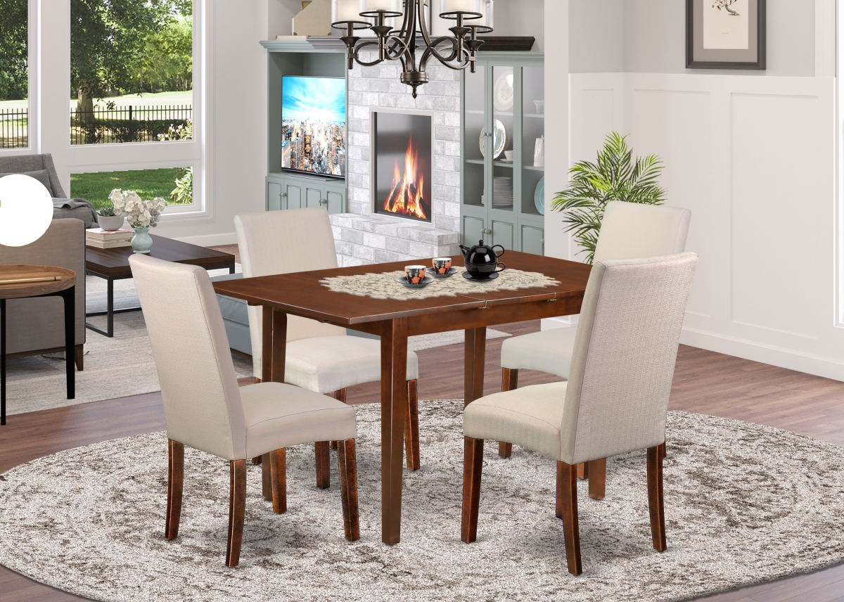 48-60 in. Picasso Rectangle Kitchen Table with 12 in. Butterfly Leaf & 4 Parson Chair with Mahogany Leg & Linen Fabric - Cream, 5 Piece