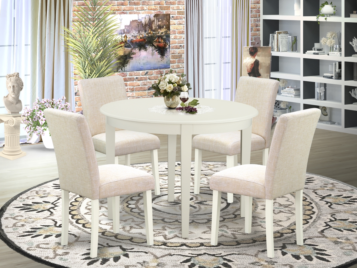42 in. Boston Round Kitchen Table & Four Parson Chair with Linen White Leg & Linen Fabric - Light Beige, 5 Piece
