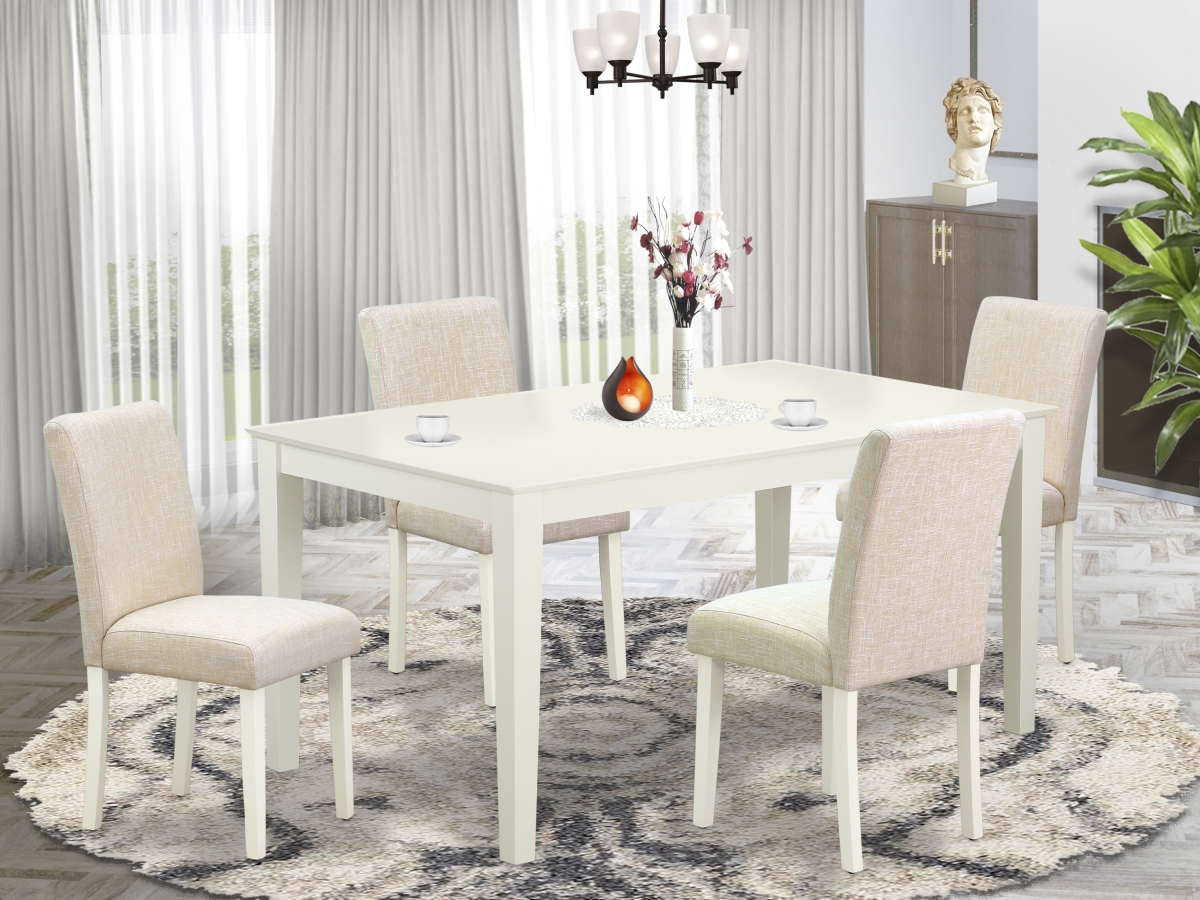 60 in. Capri Rectangle Dining Room Table & 4 Parson Chair with Linen White Leg & Linen Fabric - Light Beige, 5 Piece