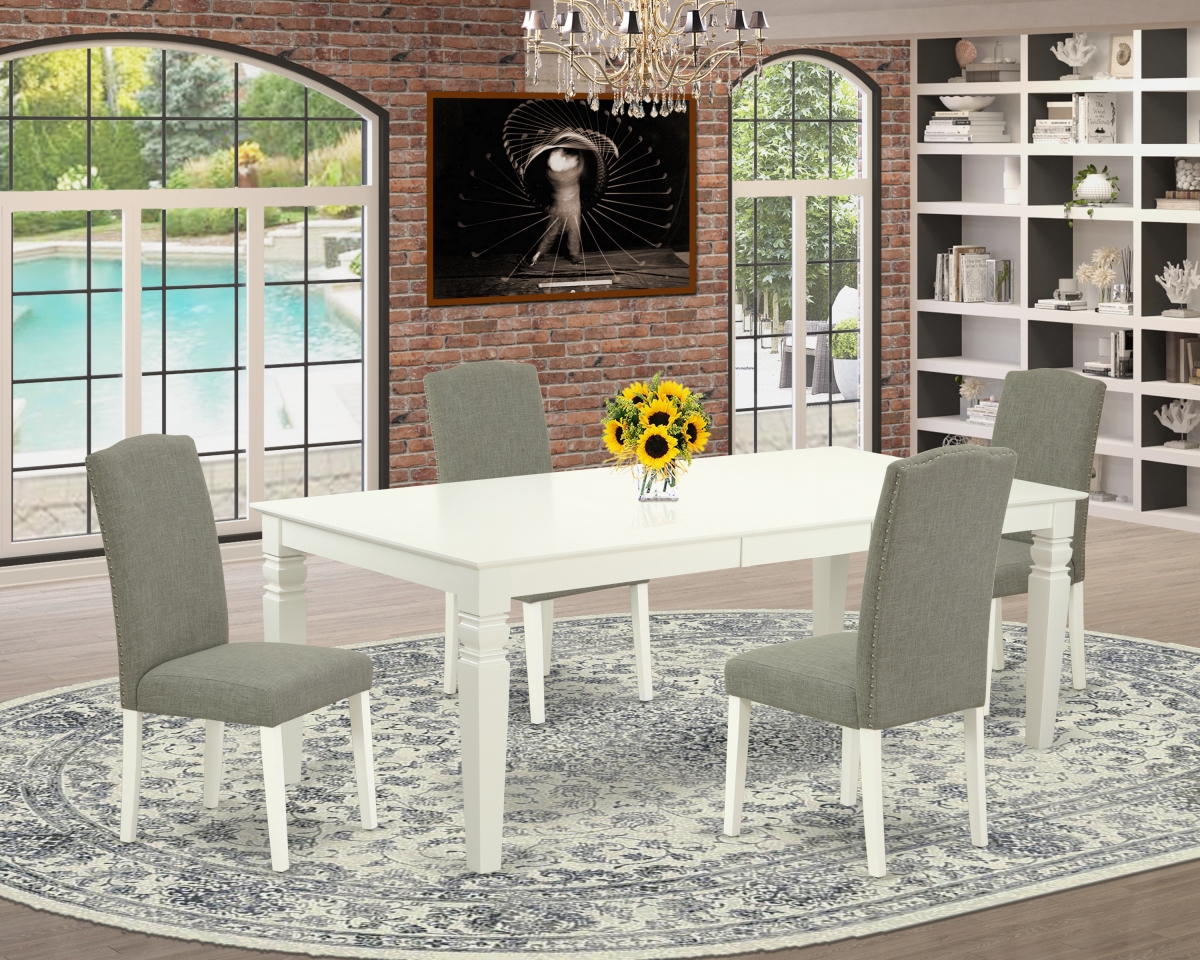 LGEN5-LWH-06 66-84 in. Logan Rectangular Table with 18 in. Leaf & Four Parson Chair with Linen White Leg & Linen Fabric - Dark Shitake, 5 Piece