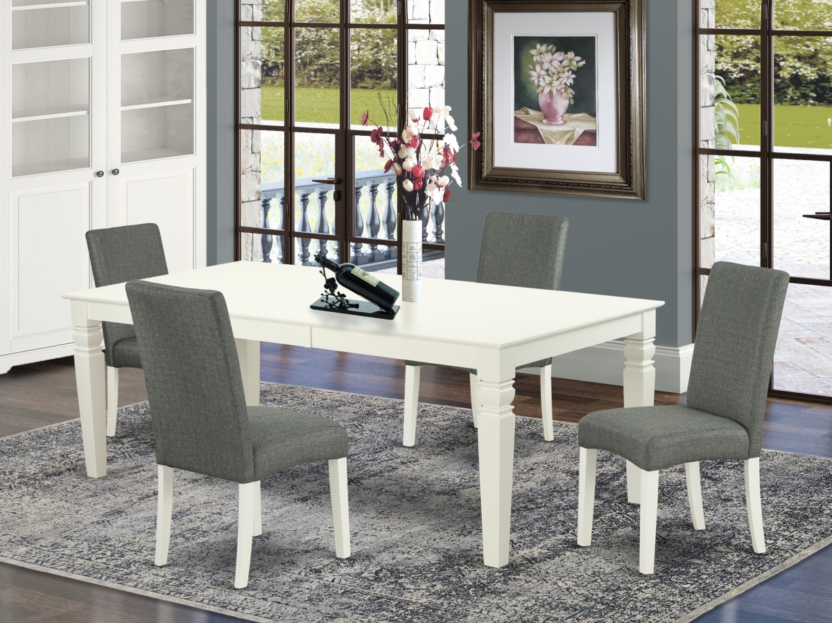 66-84 in. Logan Rectangular Table with 18 in. Leaf & Four Parson Chair with Linen White Leg & Linen Fabric - Gray, 5 Piece