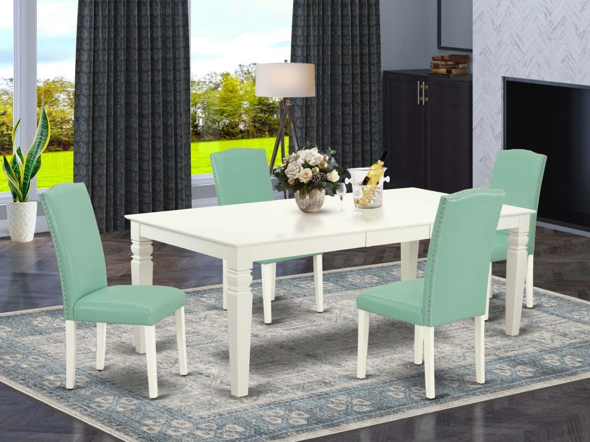 66-84 in. Logan Rectangular Table with 18 in. Leaf & Four Parson Chair with Linen White Leg & Pu Leather - Pond, 5 Piece
