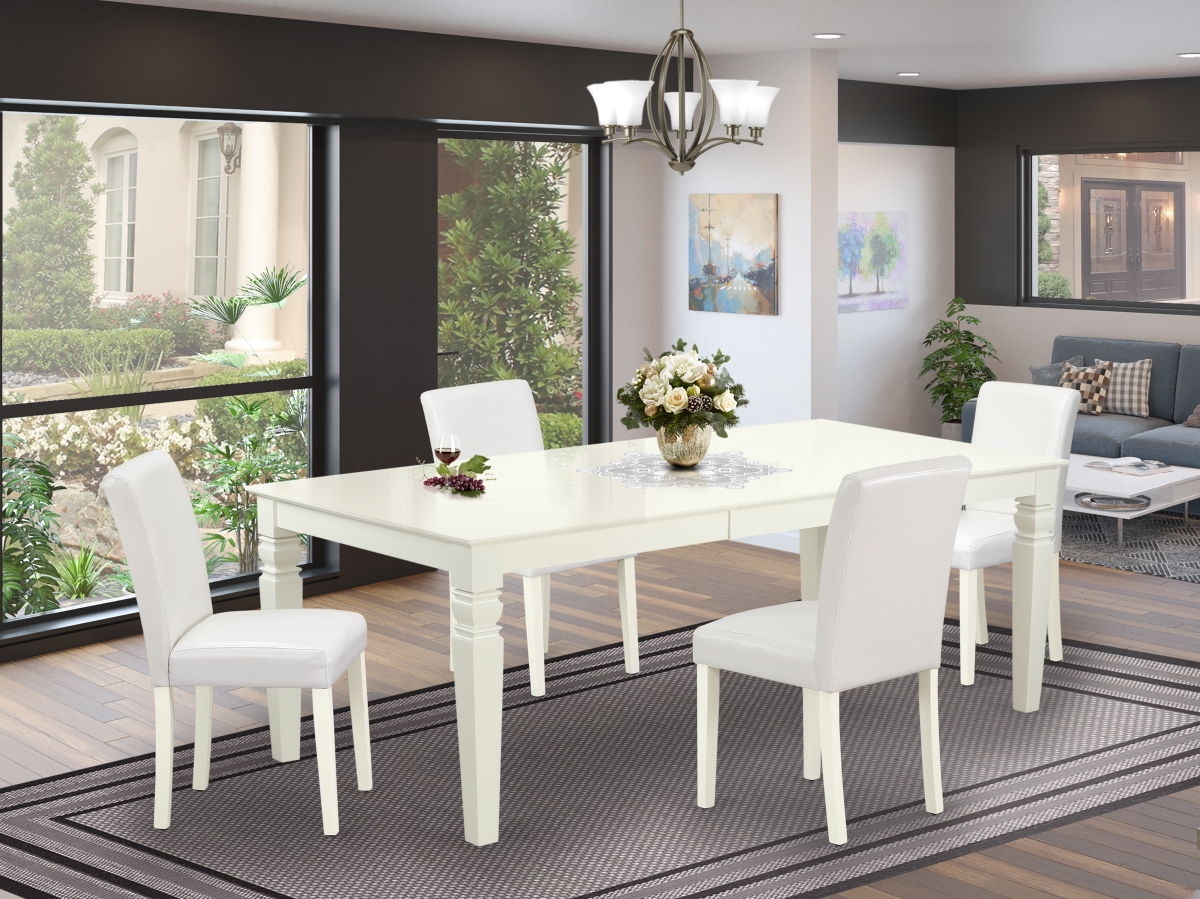 LGAB5-LWH-64 66-84 in. Logan Rectangular Table with 18 in. Leaf & Four Parson Chair with Linen White Leg & Pu Leather - White, 5 Piece