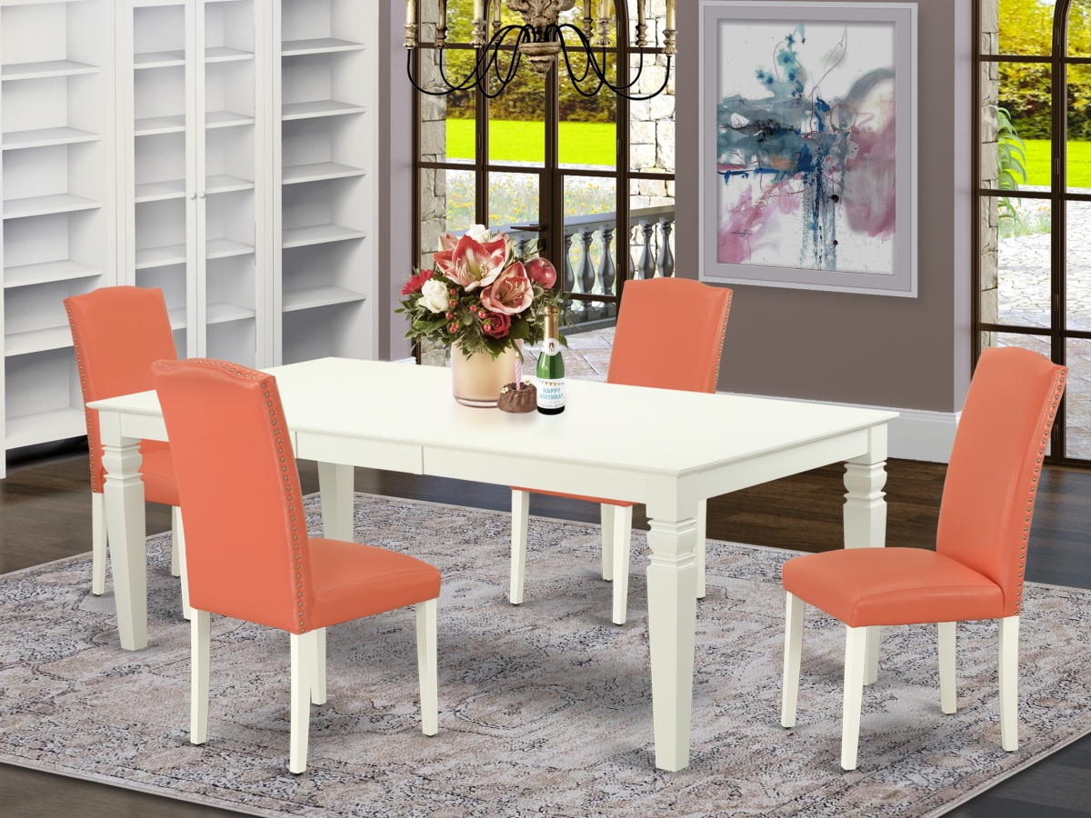 66-84 in. Logan Rectangular Table with 18 in. Leaf & Four Parson Chair with Linen White Leg & Pu Leather - Pink Flamingo, 5 Piece