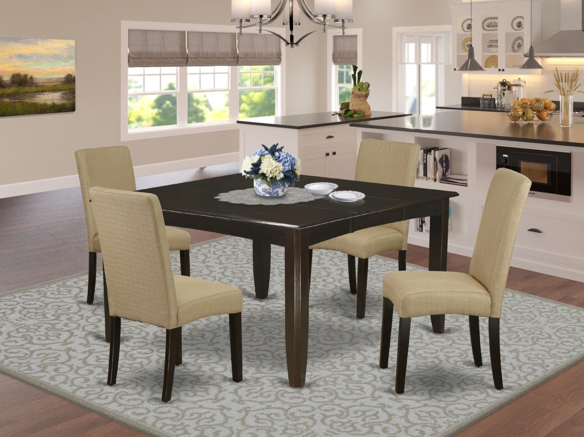 36-54 in. Parfait Square Dining Table with 18 in. Butterfly Leaf & Four Parson Chair with Cappuccino Leg & Linen Fabric - Brown, 5 Piece