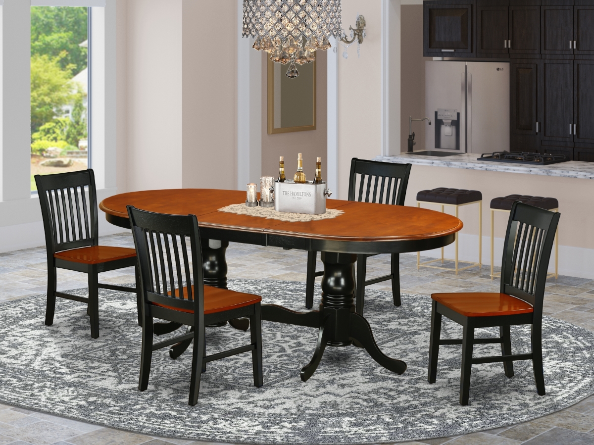PLNO5-BCH-W 60-78 in. Plainville Oval Family Table with 18 in. Butterfly Leaf & Four Wood Seat Chairs - Black & Cherry, 5 Piece