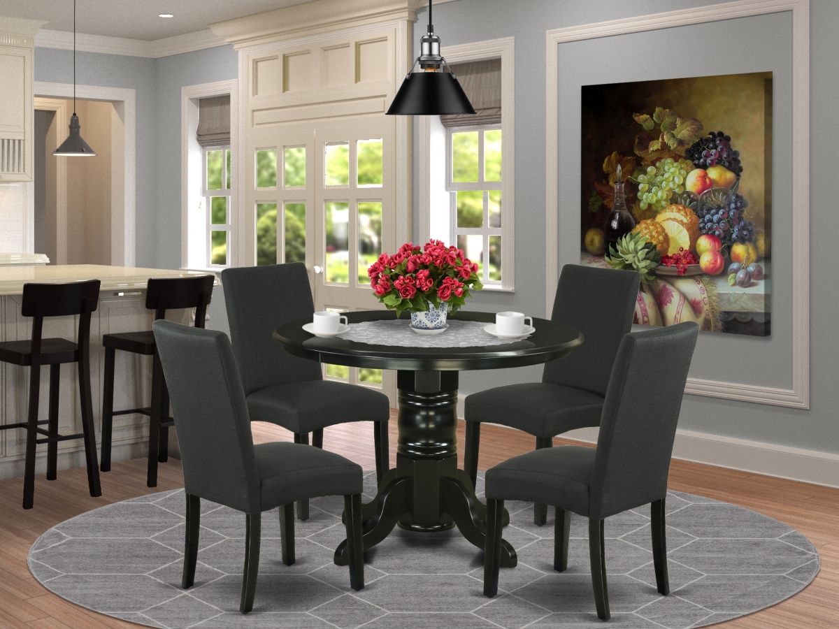 42 in. Shelton Round Dining Table & Four Parson Chair with Black Leg & Linen Fabric - Black, 5 Piece