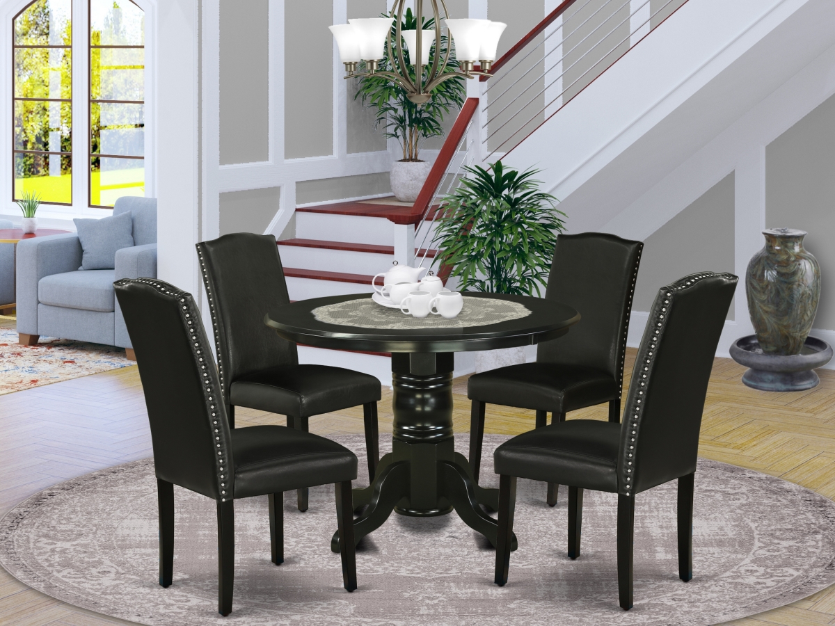 42 in. Shelton Round Dining Table & Four Parson Chair with Black Leg & Pu Leather - Black, 5 Piece
