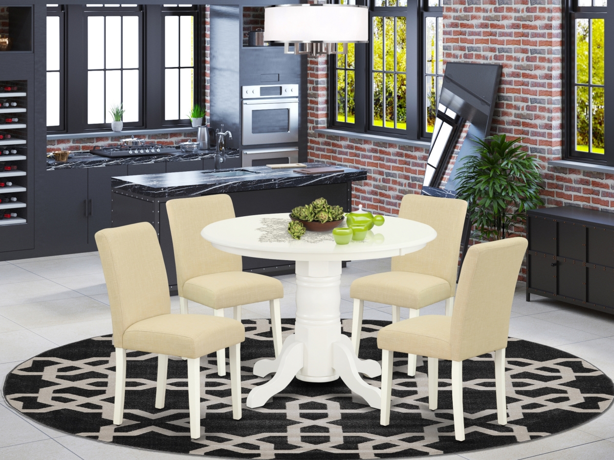 42 in. Shelton Round Dining Table & Four Parson Chair with Linen White Leg & Linen Fabric - Light Beige, 5 Piece