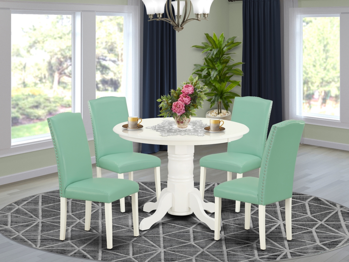 42 in. Shelton Round Dining Table & Four Parson Chair with Linen White Leg & Pu Leather - Pond, 5 Piece