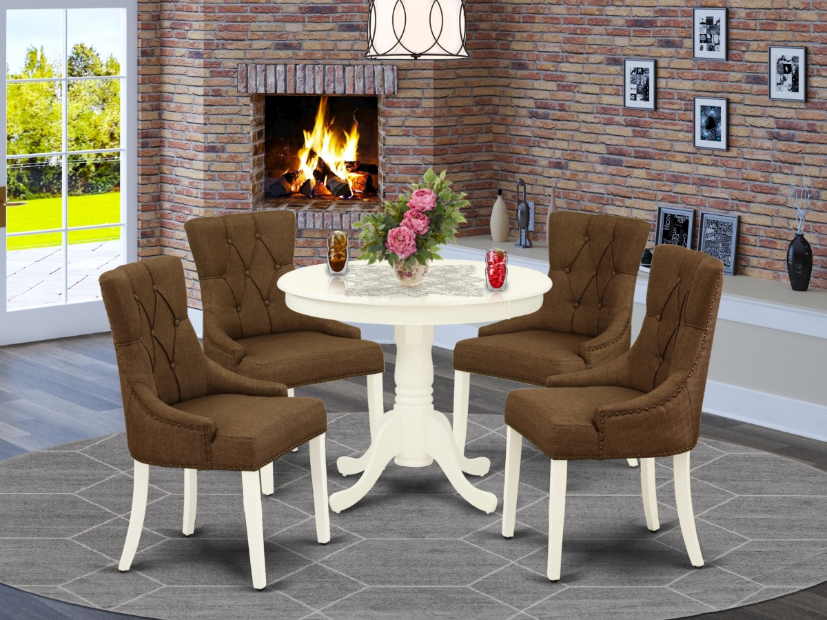 5 Piece Antique Dining Set - Linen White & Dark Coffee