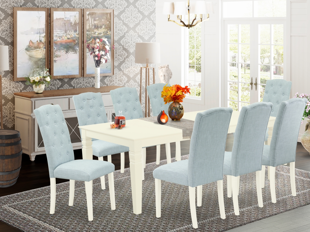 9 Piece Logan Dining Set - Linen White & Baby Blue