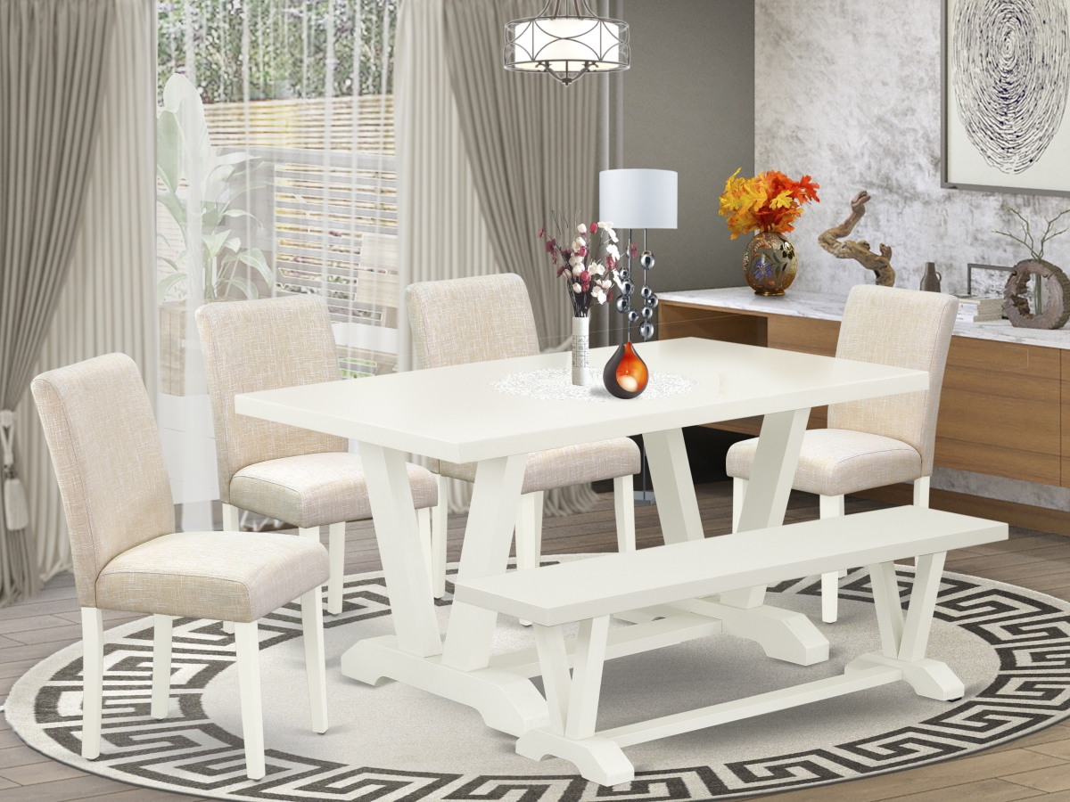 6 Piece V-Style Kitchen Dining Room Set - Light Beige & Linen White