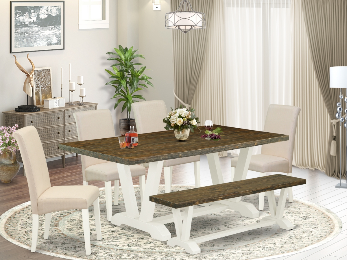 V076BA201-6 6 Piece V-Style Gorgeous Rectangular Dining Room Table Set - Linen White -  East West Furniture