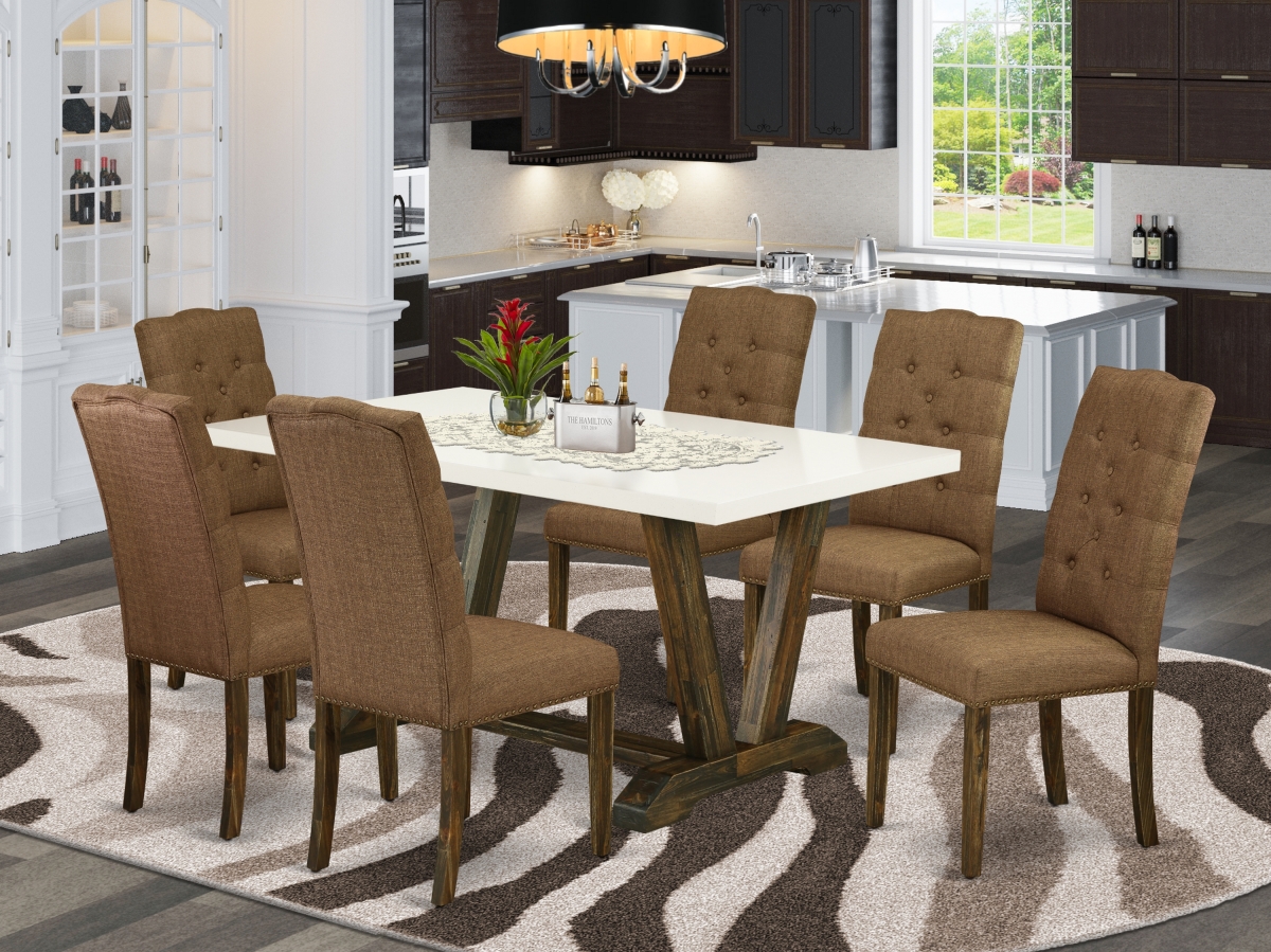 7 Piece V-Style Small Dining Table Set - Brown Smoke
