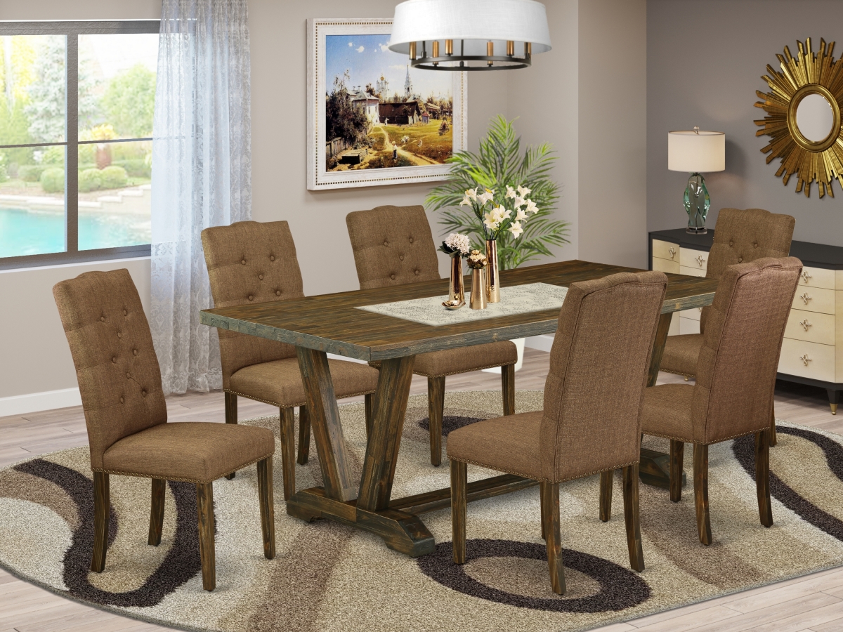 7 Piece V-Style Modern Dining Table Set - Brown Smoke